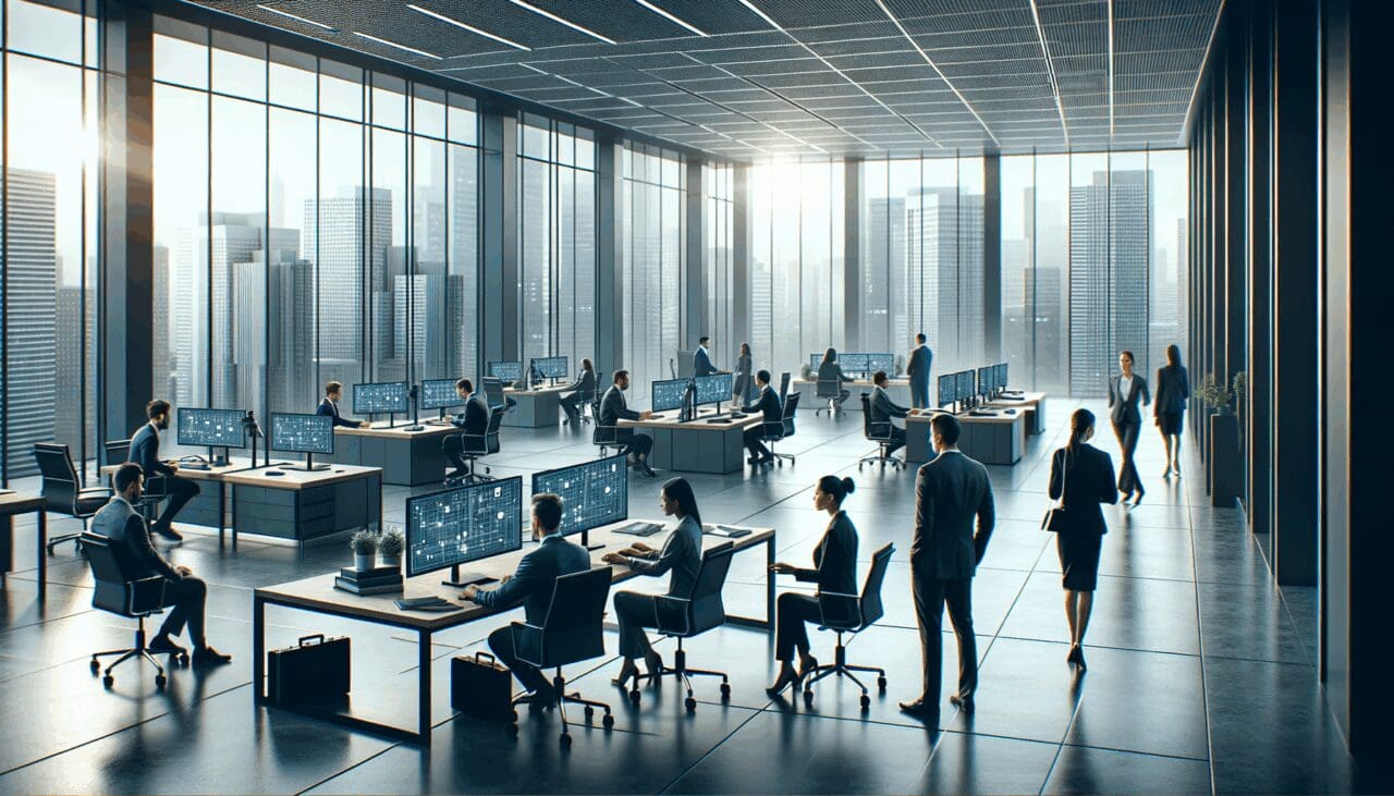 Oficinas modernas con equipos de profesionales colaborando en proyectos tecnológicos avanzados, ambiente ejecutivo.