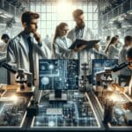 Laboratorio tecnológico moderno con equipos avanzados y jóvenes profesionales trabajando en innovación.