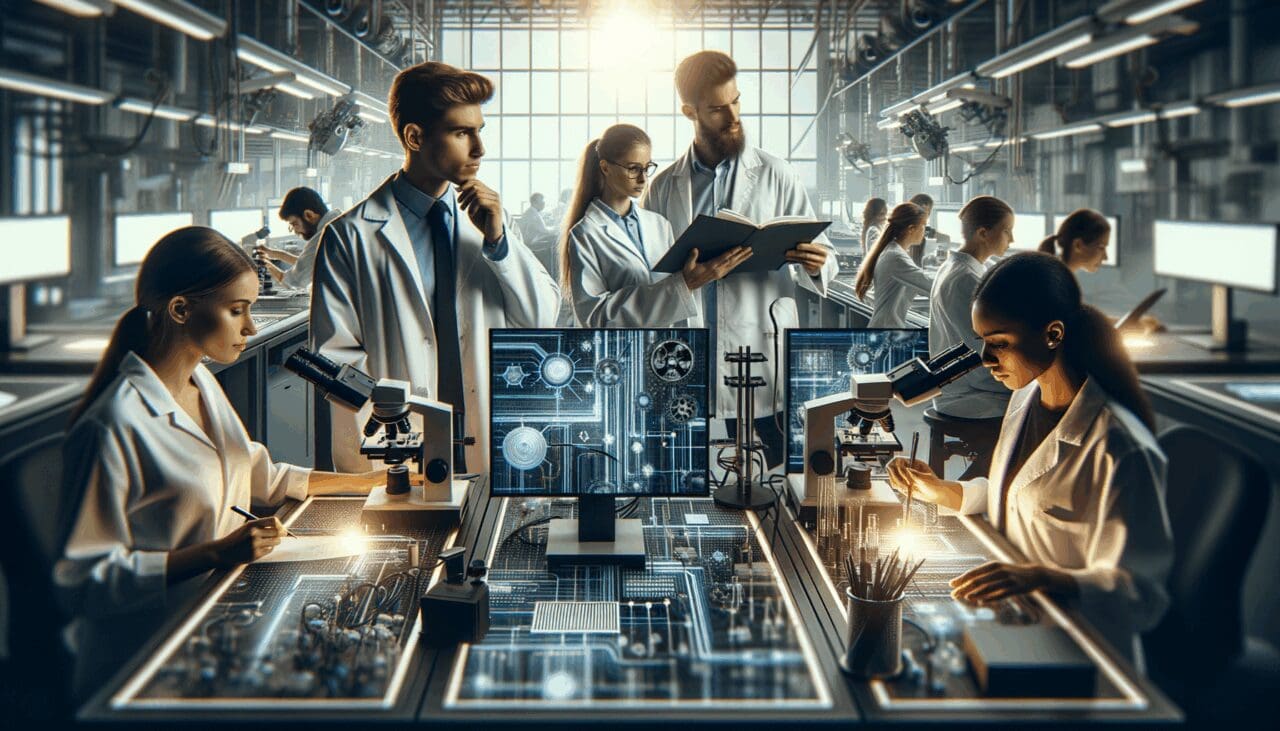 Laboratorio tecnológico moderno con equipos avanzados y jóvenes profesionales trabajando en innovación.