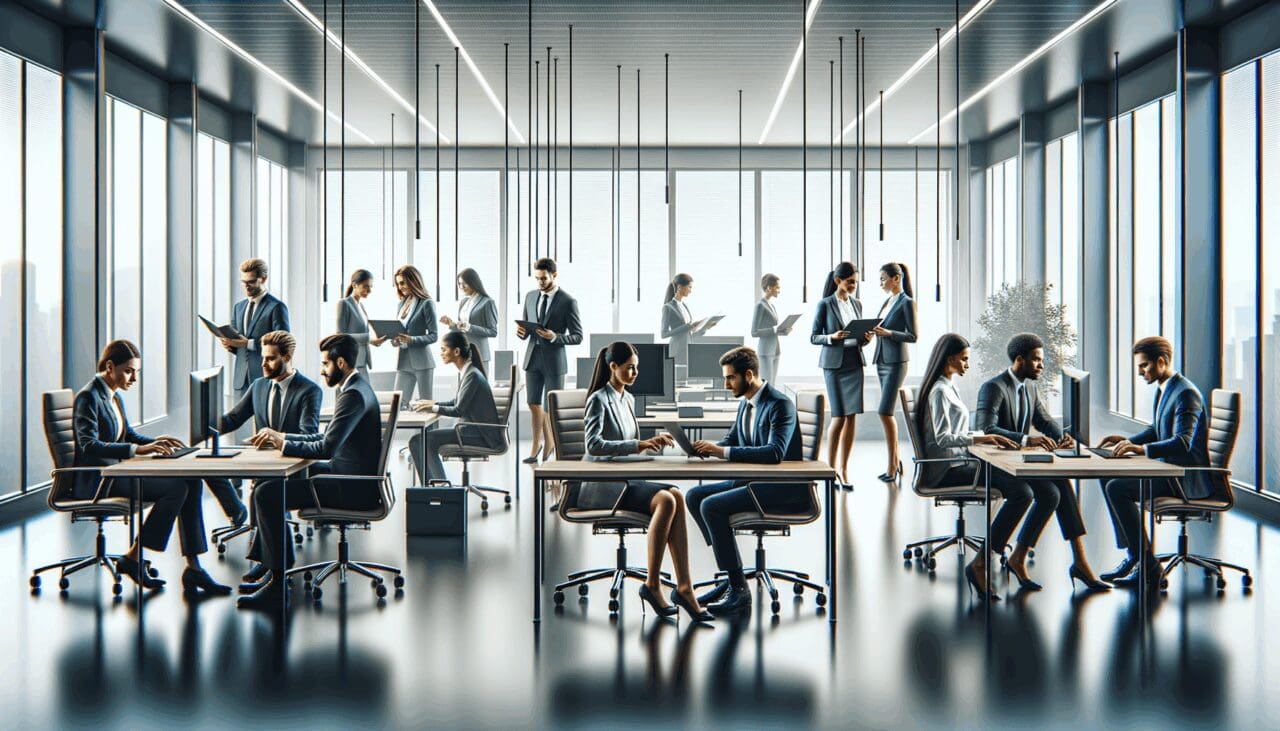 Oficinas modernas con equipo diverso colaborando, ambiente tecnológico y profesional.