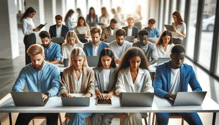 Grupo diverso de jóvenes emprendedores trabajando en laptops en un espacio moderno y luminoso.
