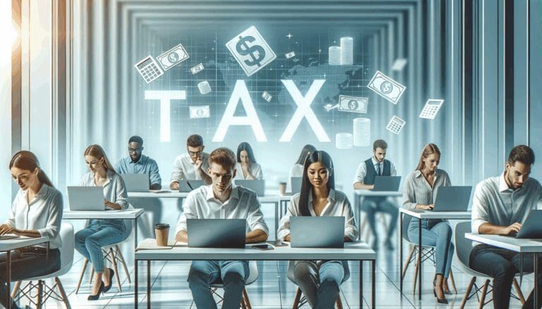 Ilustración de jóvenes emprendedores trabajando en laptops en un espacio de coworking moderno, con gráficos digitales de impuestos en el fondo.