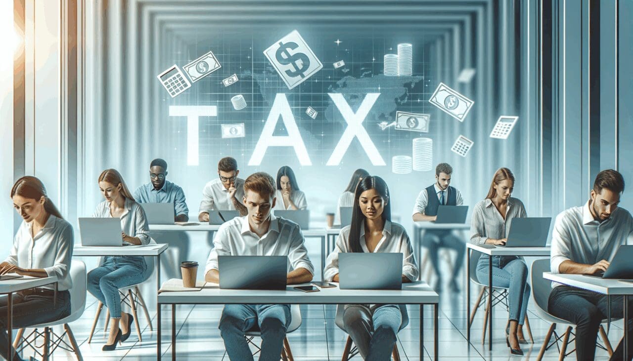 Ilustración de jóvenes emprendedores trabajando en laptops en un espacio de coworking moderno, con gráficos digitales de impuestos en el fondo.