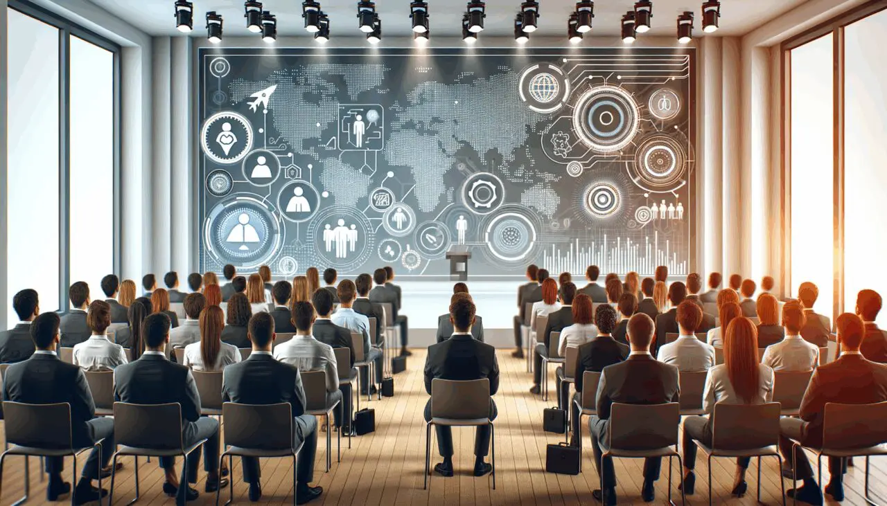 Escenario moderno con público atendiendo a una charla sobre tecnología y recursos humanos.