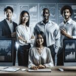 Un equipo diverso trabaja frente a pantallas con gráficos de inversión y redes de inteligencia artificial en una oficina moderna.