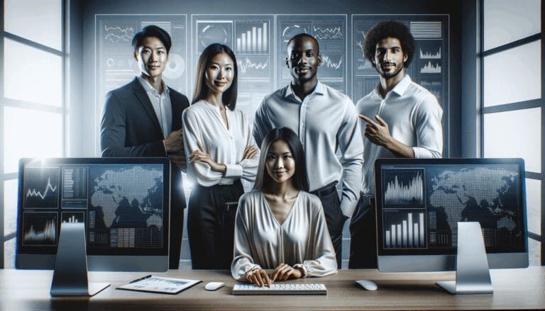 Un equipo diverso trabaja frente a pantallas con gráficos de inversión y redes de inteligencia artificial en una oficina moderna.