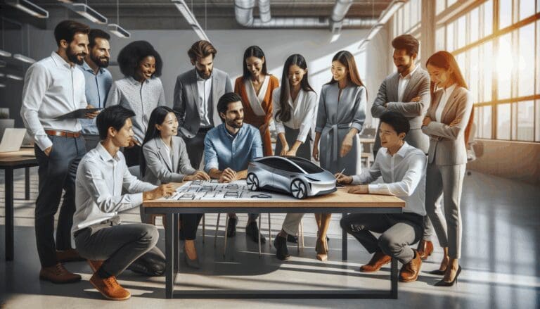 Equipo multicultural reunido en un espacio moderno colaborando sobre maquetas de vehículos eléctricos.