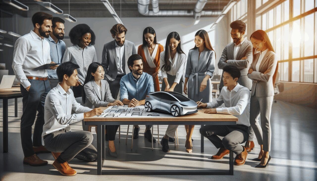 Equipo multicultural reunido en un espacio moderno colaborando sobre maquetas de vehículos eléctricos.