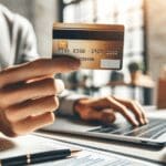 Primer plano de manos jóvenes sosteniendo una tarjeta de débito frente a una laptop en un entorno de oficina moderna y luminosa.