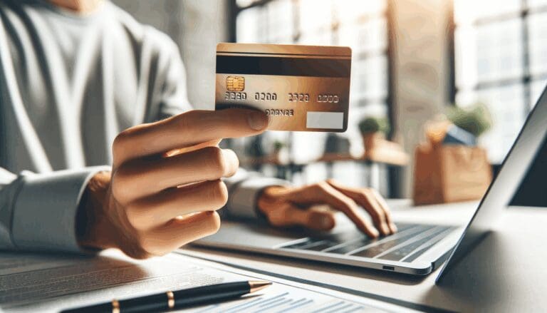 Primer plano de manos jóvenes sosteniendo una tarjeta de débito frente a una laptop en un entorno de oficina moderna y luminosa.