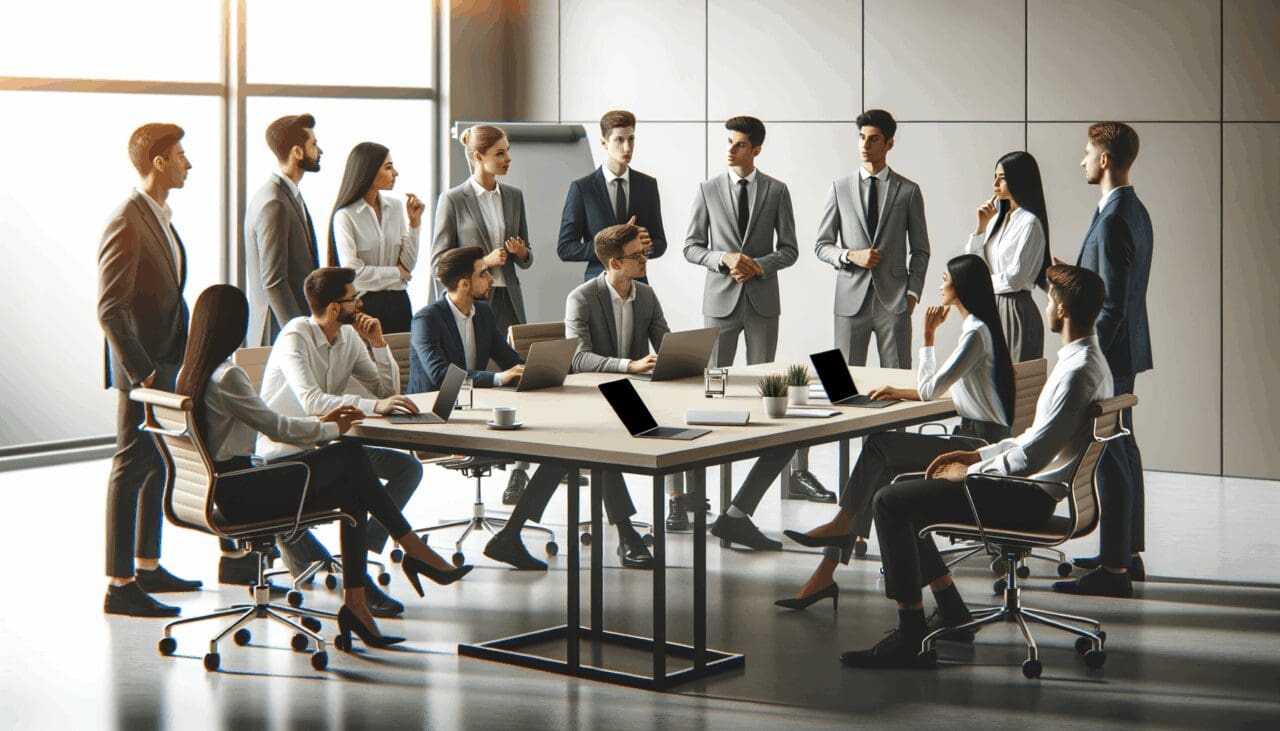 Sala de reuniones corporativa con jóvenes emprendedores discutiendo alrededor de una mesa y laptops abiertas.