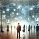 Ilustración conceptual de una red blockchain conectando perfiles digitales sobre fondo corporativo.