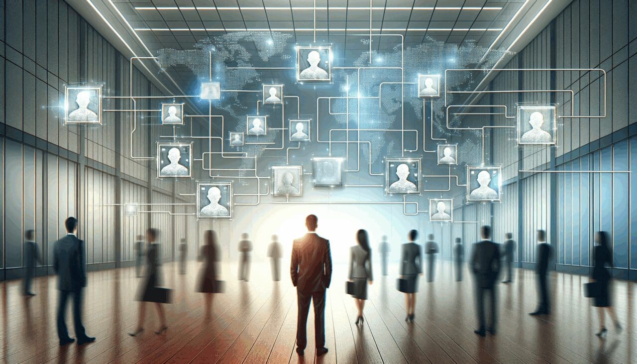 Ilustración conceptual de una red blockchain conectando perfiles digitales sobre fondo corporativo.