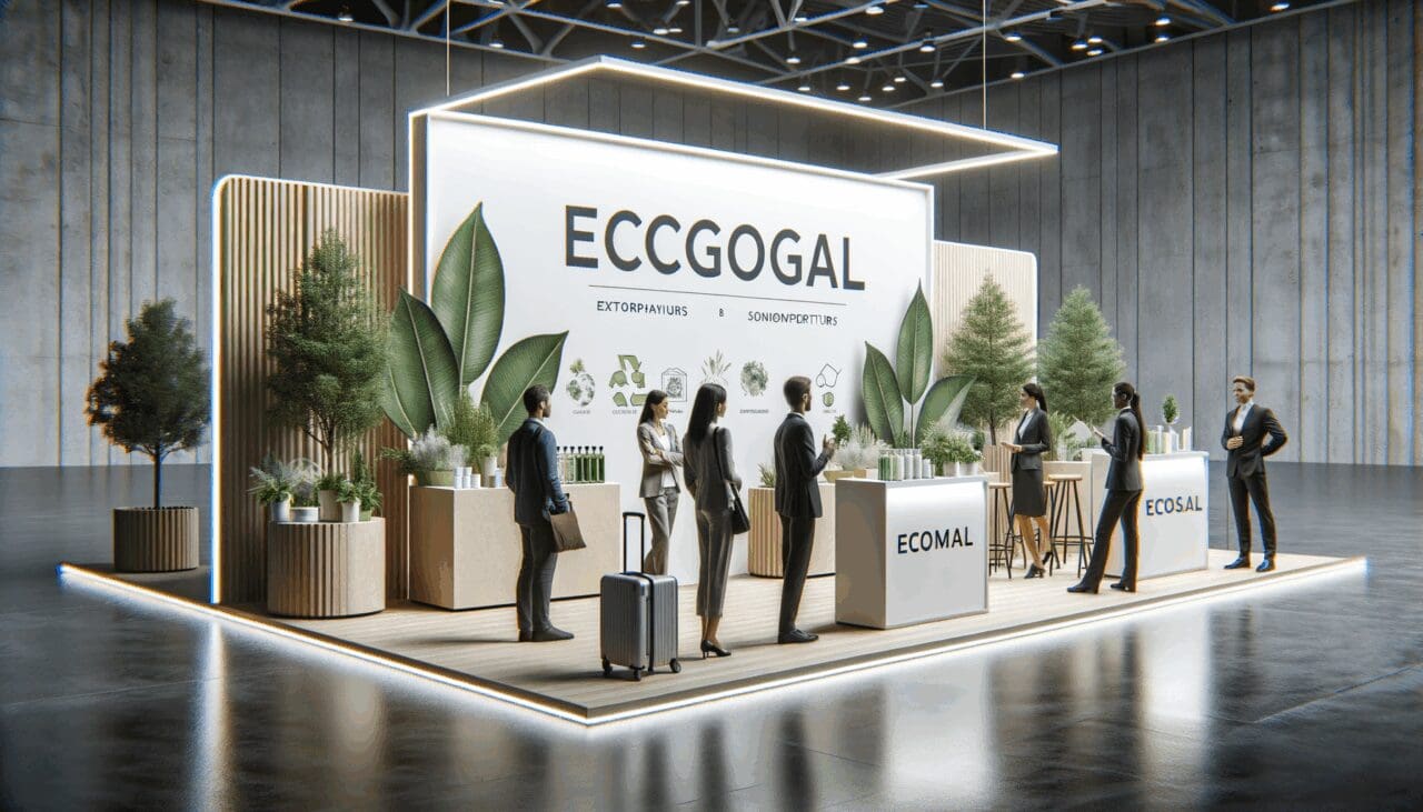 Stands modernos con emprendedores y productos ecológicos en una feria innovadora.