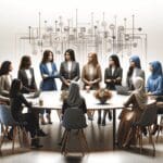 Grupo de mujeres líderes en tecnología discutiendo en una mesa redonda en un entorno moderno.