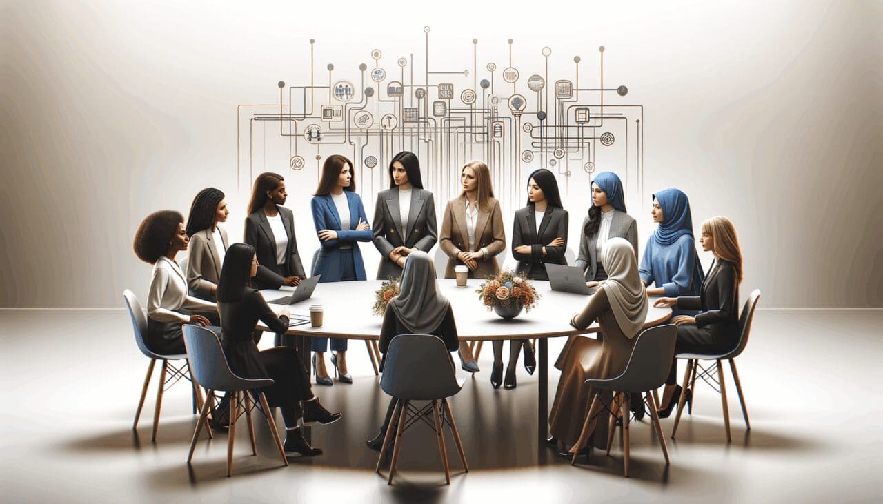 Grupo de mujeres líderes en tecnología discutiendo en una mesa redonda en un entorno moderno.