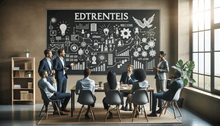 Equipo de emprendedores discutiendo ideas frente a un pizarrón con esquemas estratégicos en una oficina moderna.