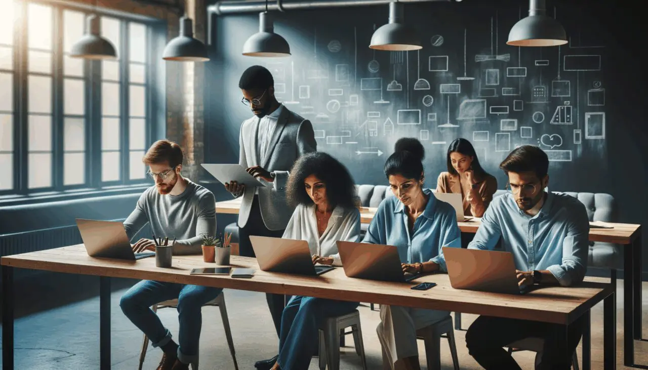 Grupo diverso de emprendedores trabajando juntos en un espacio de coworking moderno, con laptops y pizarras en un ambiente luminoso.