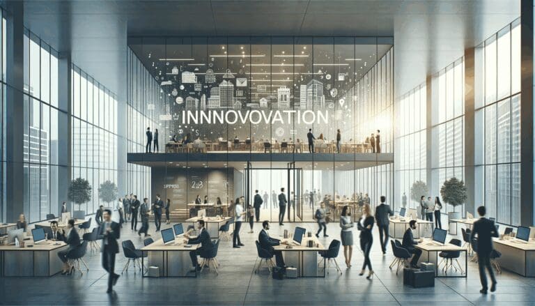 Edificio moderno con ambiente innovador y emprendedores colaborando