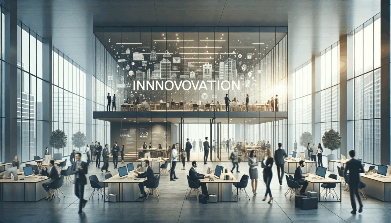 Edificio moderno con ambiente innovador y emprendedores colaborando