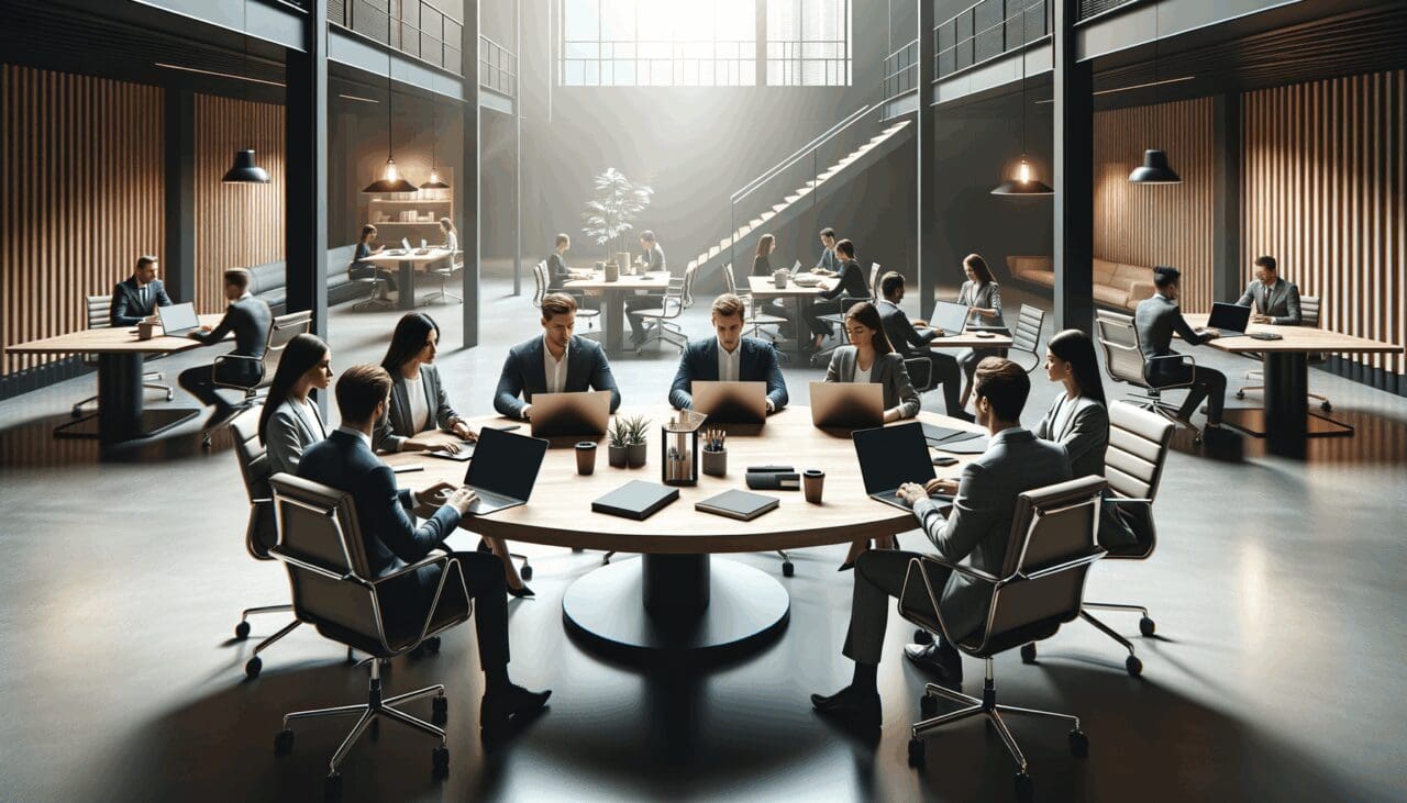 Mesa redonda de expertos en un espacio de coworking moderno, laptops abiertas y ambiente colaborativo.