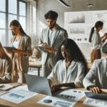 Grupo diverso de emprendedores analizando datos en una sala de coworking moderna y luminosa.