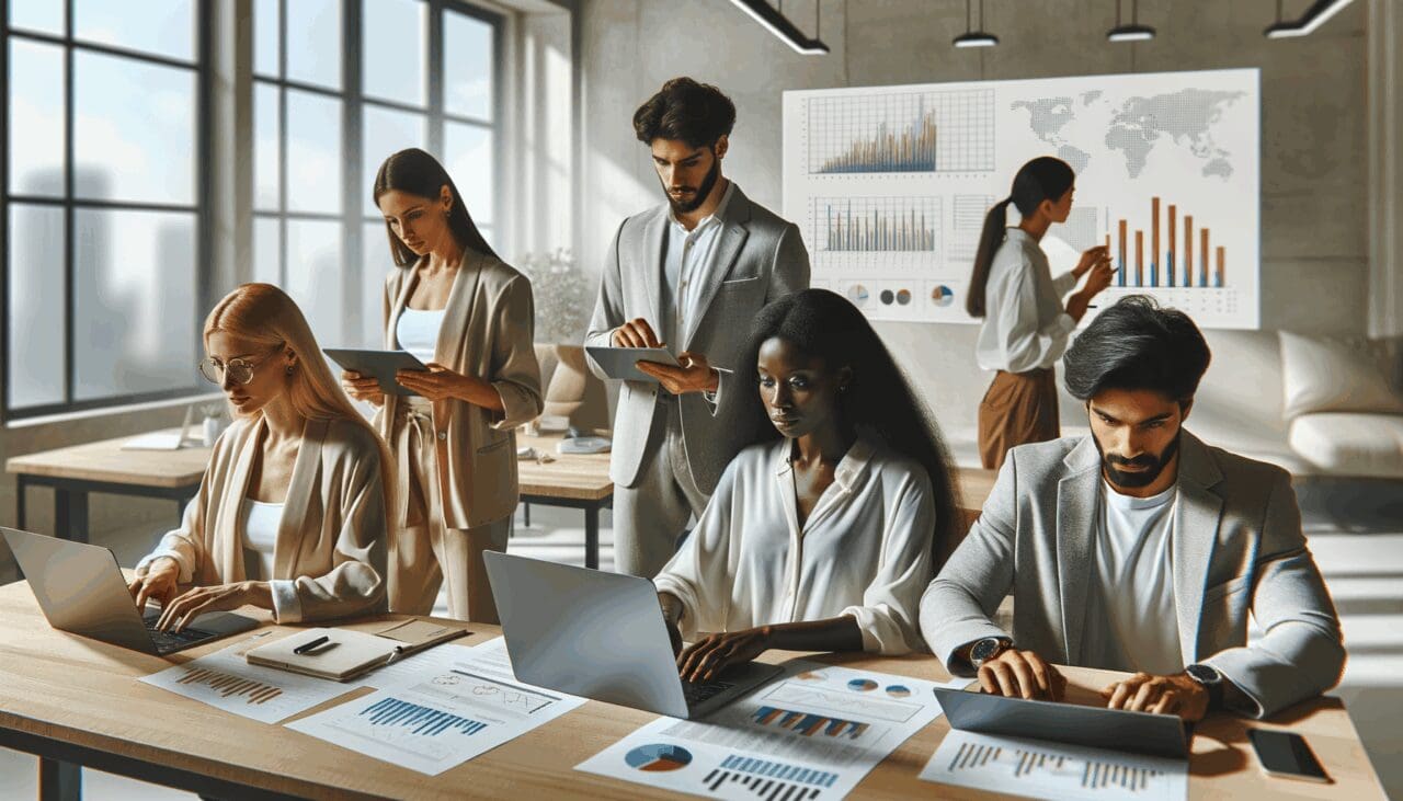 Grupo diverso de emprendedores analizando datos en una sala de coworking moderna y luminosa.