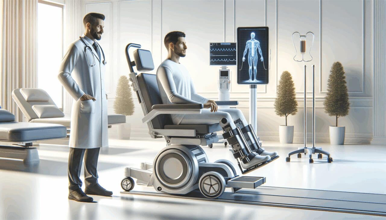Dispositivo de rehabilitación motriz en un entorno clínico moderno.