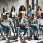 Jóvenes reunidos trabajando en laptops en un espacio moderno y colaborativo, con fondo desenfocado.