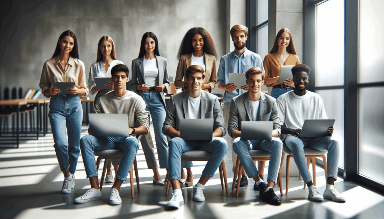 Jóvenes reunidos trabajando en laptops en un espacio moderno y colaborativo, con fondo desenfocado.