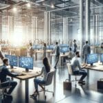 Espacio tecnológico moderno lleno de emprendedores interactuando junto a exhibidores digitales.