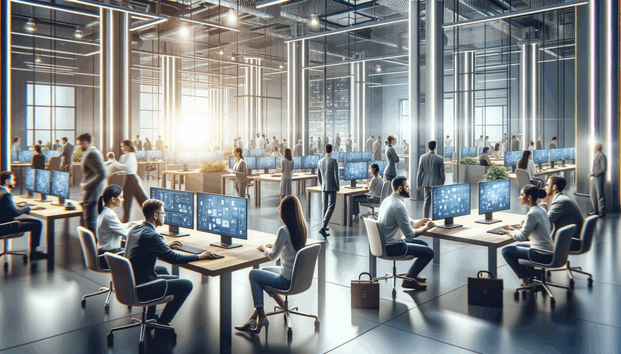 Espacio tecnológico moderno lleno de emprendedores interactuando junto a exhibidores digitales.