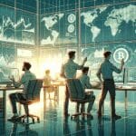Ilustración digital de emprendedores analizando gráficos de criptomonedas en una oficina tecnológica moderna.