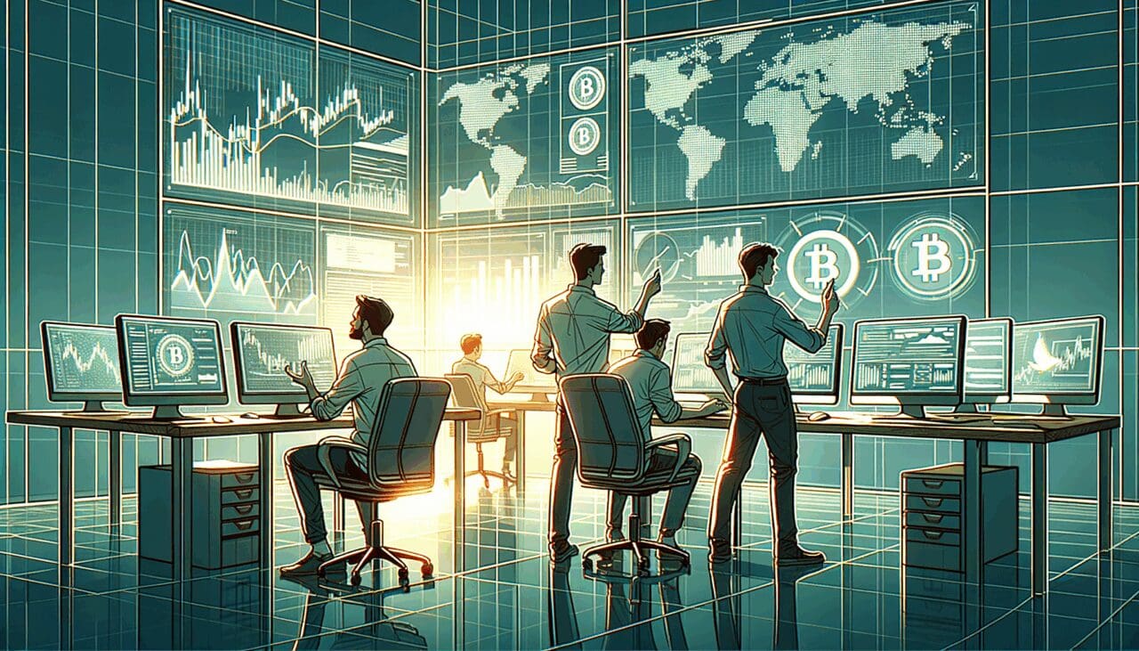 Ilustración digital de emprendedores analizando gráficos de criptomonedas en una oficina tecnológica moderna.