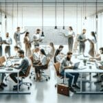 Emprendedores colaborando en un coworking tecnológico moderno, con pizarras y laptops