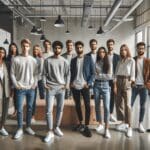 Empresarios jóvenes reunidos en un moderno espacio de coworking durante un evento de tecnología.