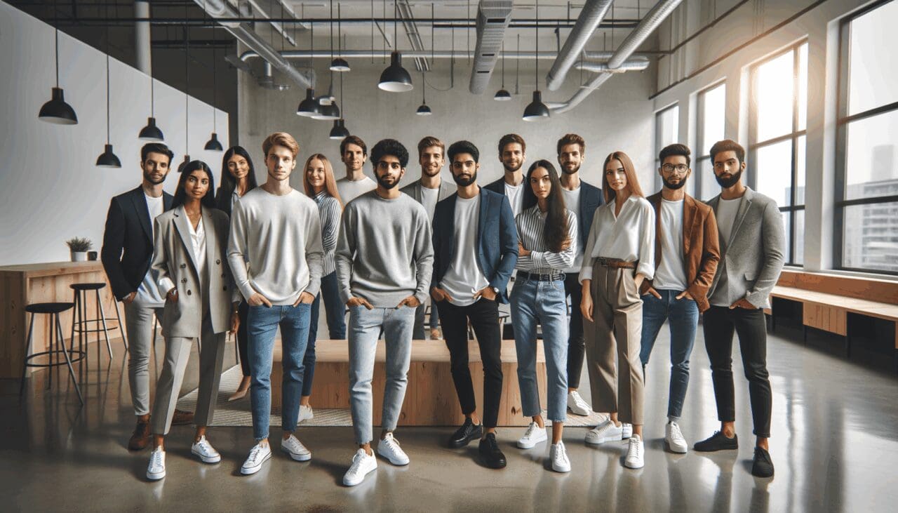 Empresarios jóvenes reunidos en un moderno espacio de coworking durante un evento de tecnología.