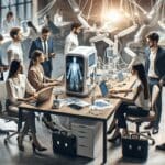 Equipo joven de emprendedores en un espacio de coworking con dispositivos médicos y laptops, ambiente de innovación.