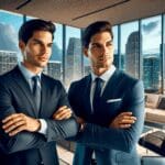 Dos empresarios latinos trabajando en un entorno de oficina moderna con vista a la ciudad de Miami