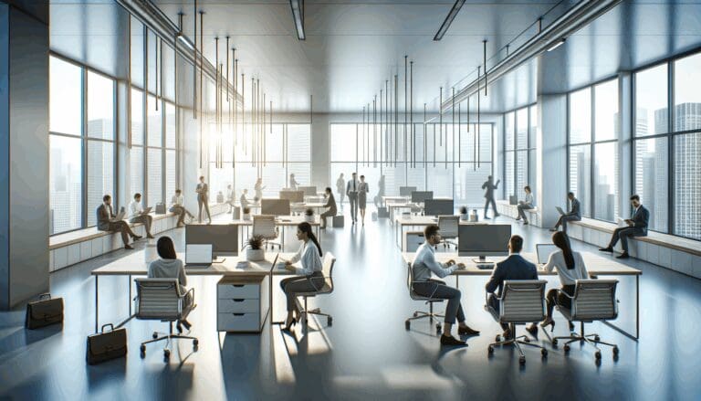 Personas trabajando en un entorno de oficina moderno y colaborativo.