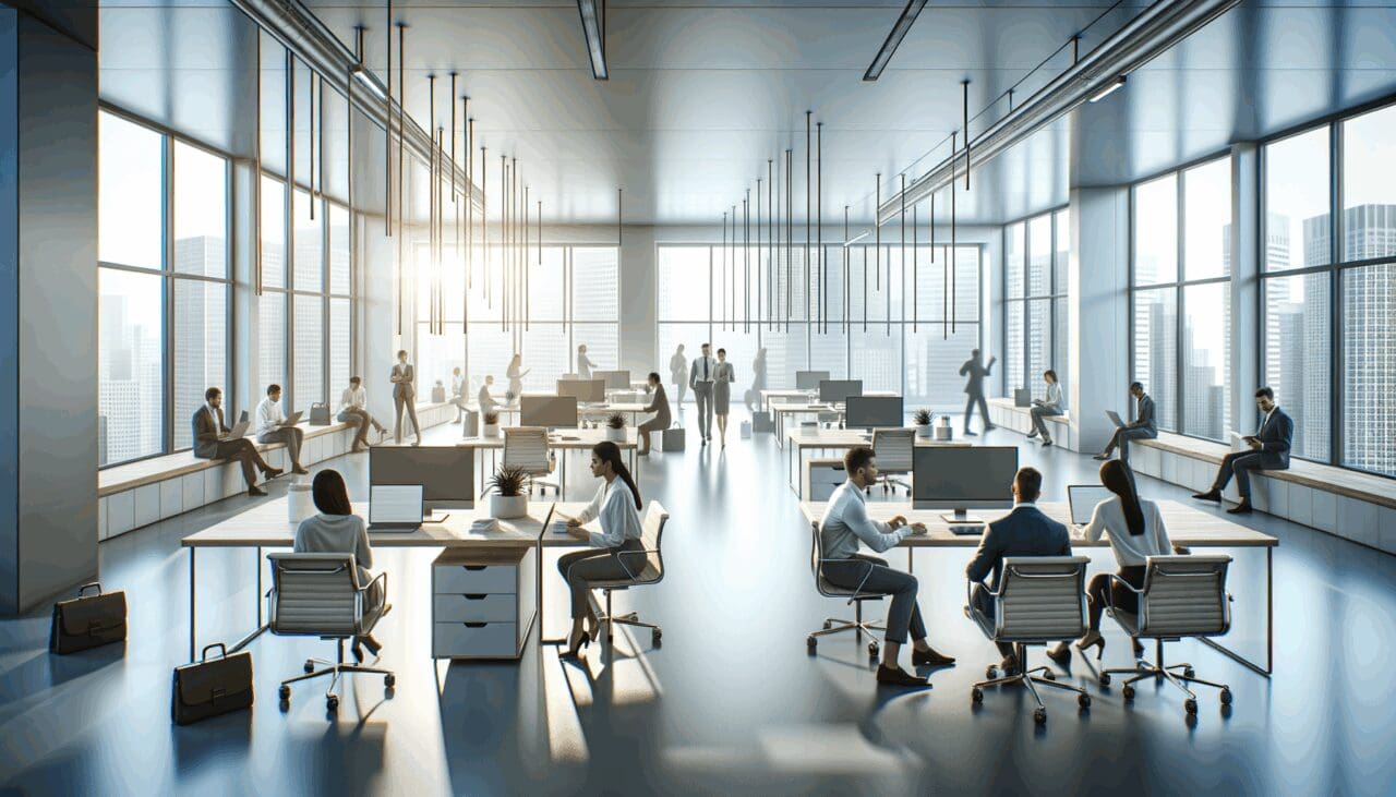 Personas trabajando en un entorno de oficina moderno y colaborativo.