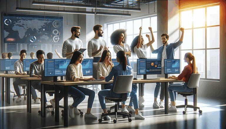 Jóvenes profesionales colaboran frente a computadoras en una oficina tecnológica moderna, ambiente vibrante y diverso.