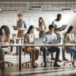 Grupo diverso de emprendedores en un espacio de coworking moderno, frente a laptops y pizarras con diagramas.