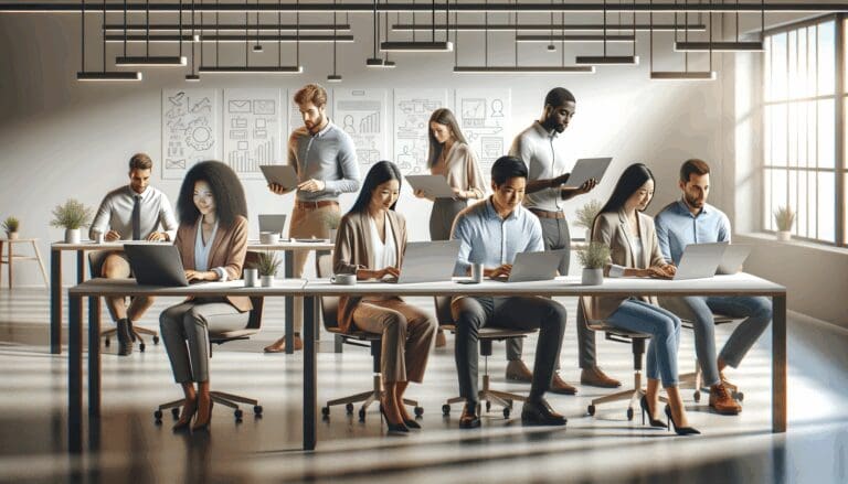 Grupo diverso de emprendedores en un espacio de coworking moderno, frente a laptops y pizarras con diagramas.