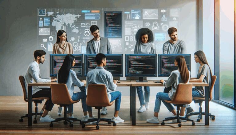 Jóvenes programadores colaborando en una oficina moderna con pantallas mostrando códigos y gráficos de inteligencia artificial.