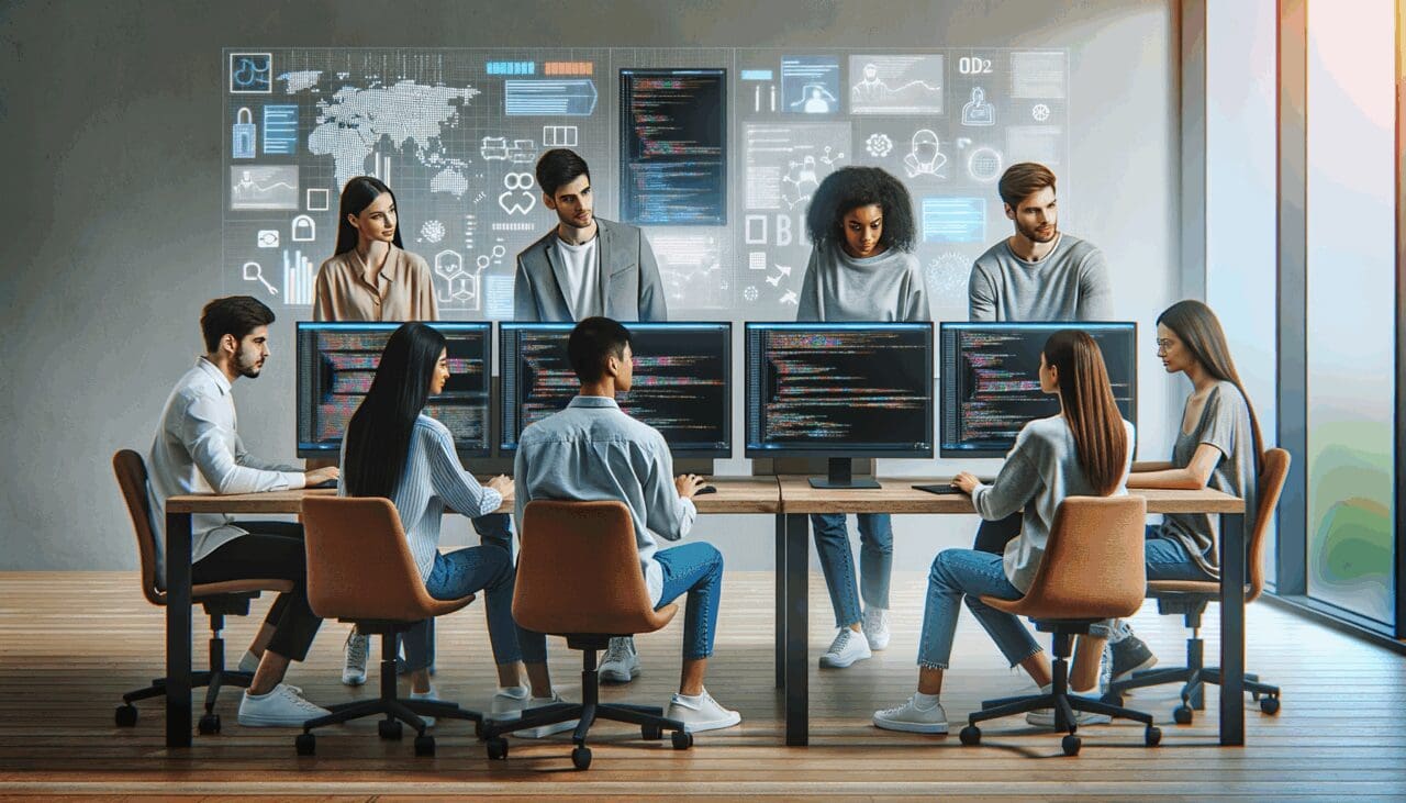 Jóvenes programadores colaborando en una oficina moderna con pantallas mostrando códigos y gráficos de inteligencia artificial.