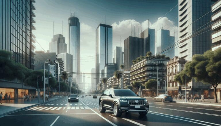 Fotografía editorial de un auto moderno circulando en una avenida de ciudad latinoamericana con edificios contemporáneos al fondo.