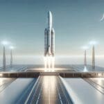 Lanzamiento de un cohete moderno en una plataforma tecnológica bajo cielos despejados.