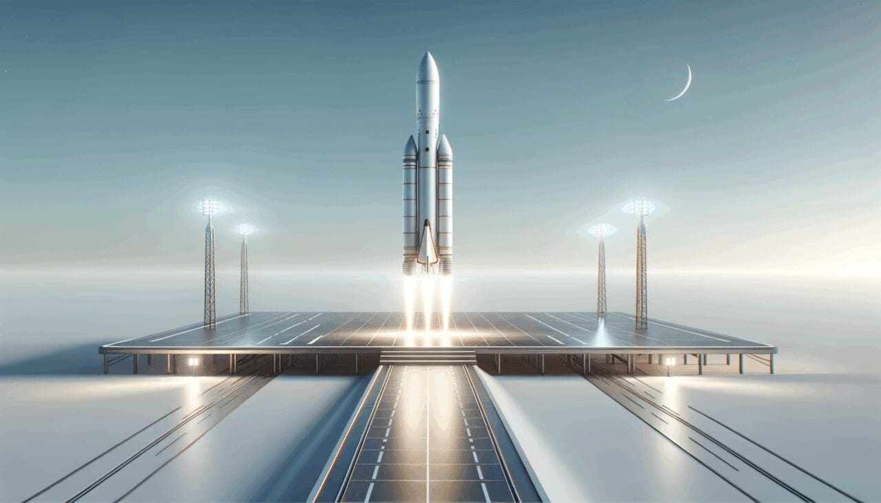 Lanzamiento de un cohete moderno en una plataforma tecnológica bajo cielos despejados.
