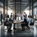 Oficina moderna con jóvenes profesionales colaborando frente a pantallas digitales en un ambiente tecnológico.